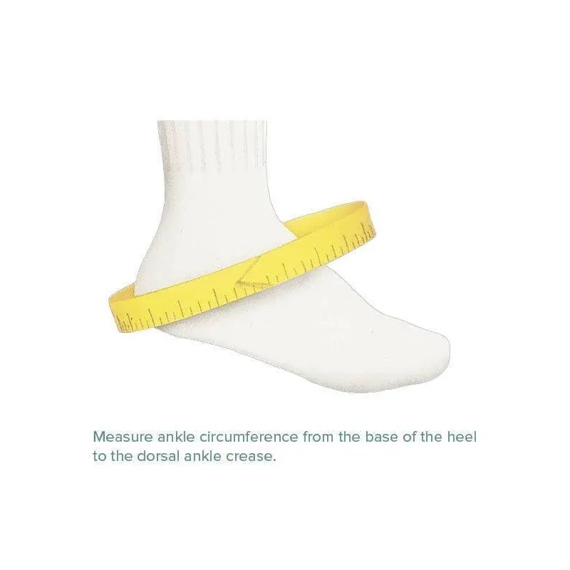 Diagram showing where to run a tape measure to size the brace — around the ankle from the base of the heel to the front crease