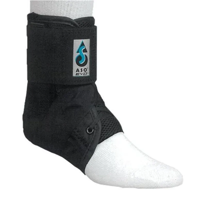 A close-up of the ASO EVO ankle brace fitted over a foot