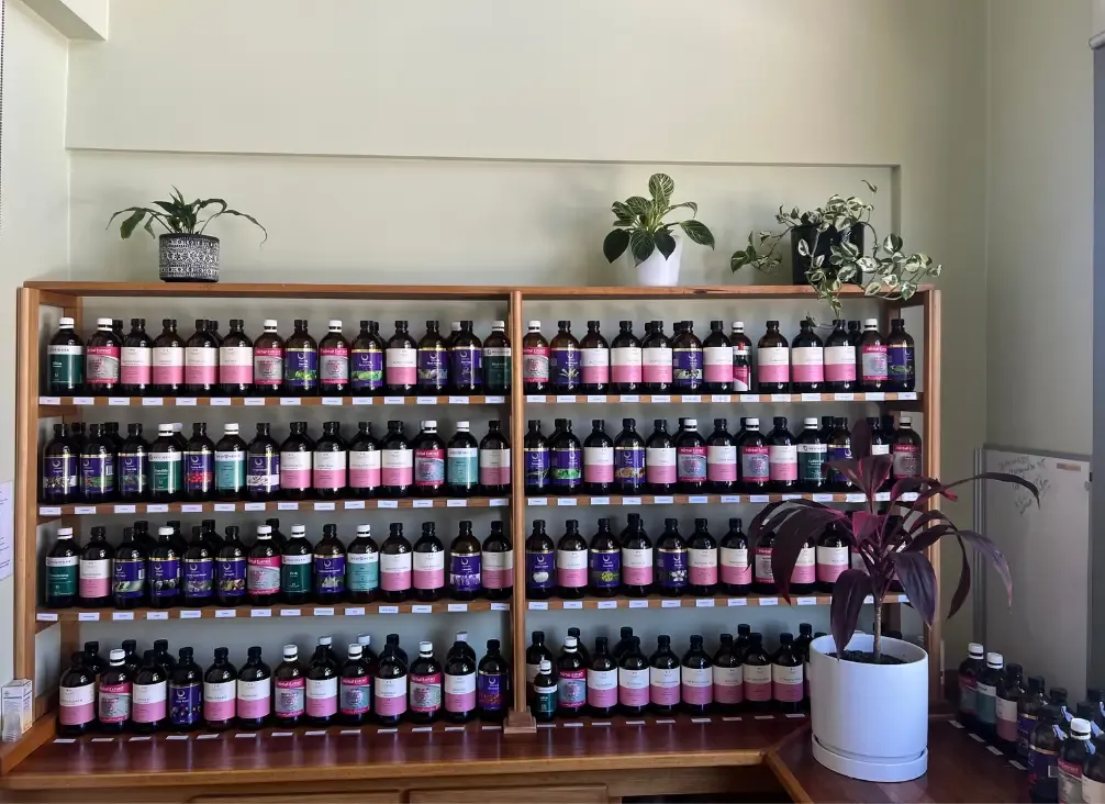 Shelves of herbal tinctures in the naturopathy dispensary
