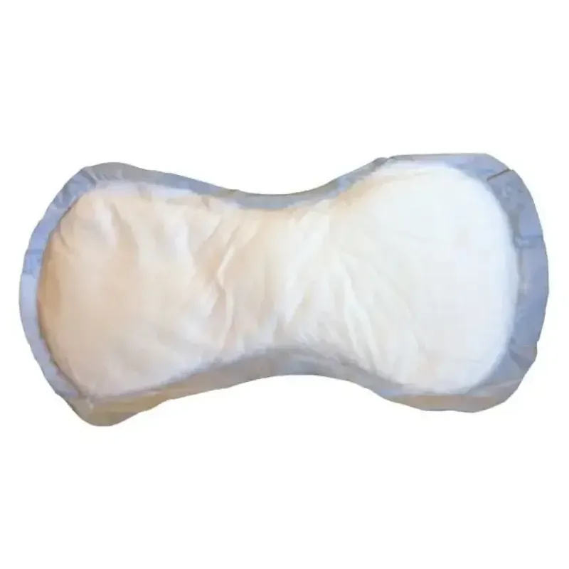 A single pad out of the pack, showing the hourglass shape and that it carries no adhesive strip