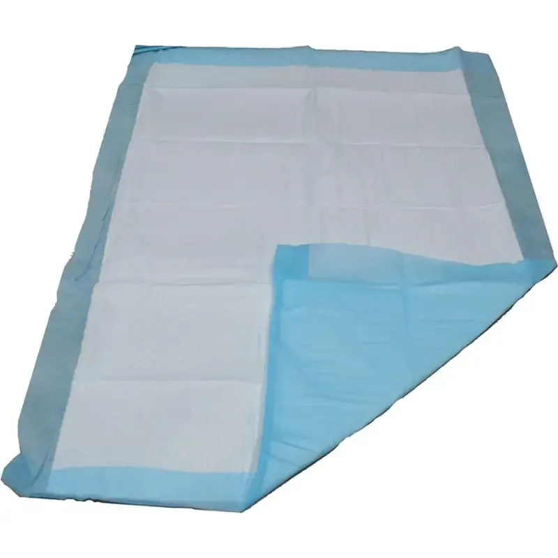 The same underpad opened out flat, showing the absorbent top sheet and the blue waterproof backing