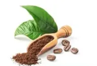 A wooden scoop of ground coffee with whole beans and coffee leaves