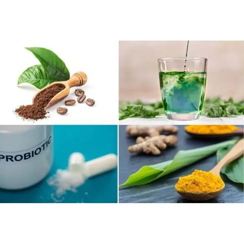 The four colonic infusion ingredients: coffee, alkalising greens, probiotic and turmeric