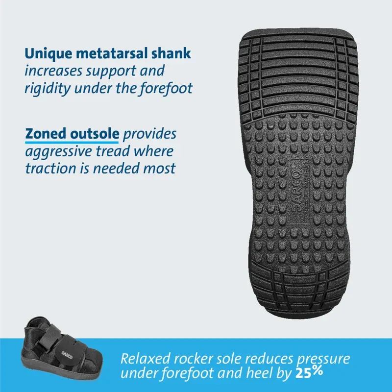 The underside, showing the treaded rocker sole and the stiffening shank under the forefoot