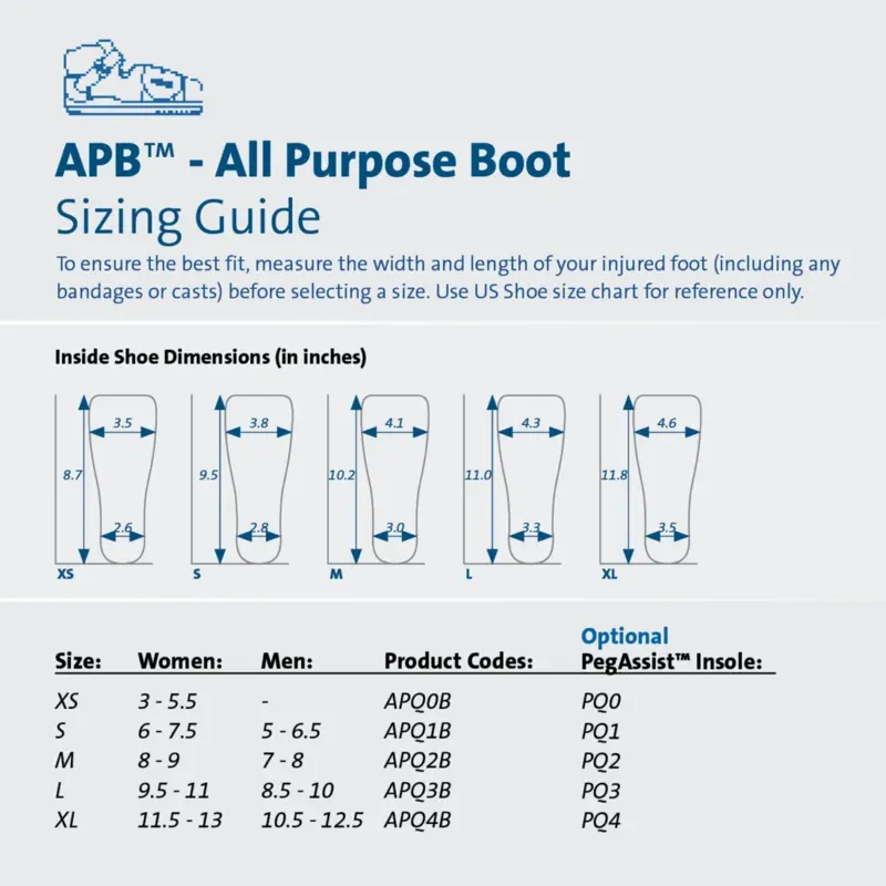Darco's sizing card: inside shoe lengths, and a table giving X-Small to X-Large against US women's and men's shoe sizes