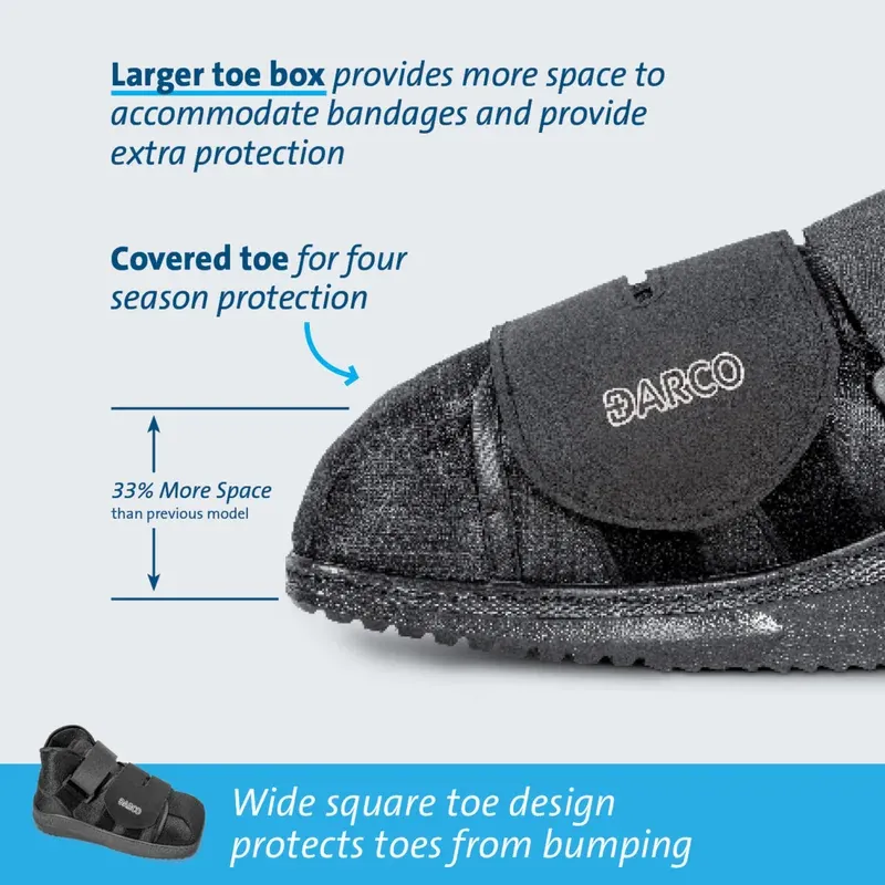 Close-up of the square covered toe, which Darco make a third roomier than the previous model to fit a dressing