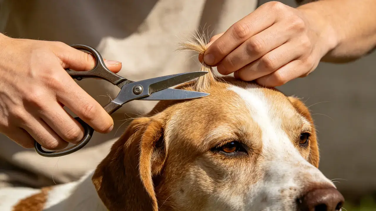 A dog's hair being lifted and trimmed with scissors to collect a sample