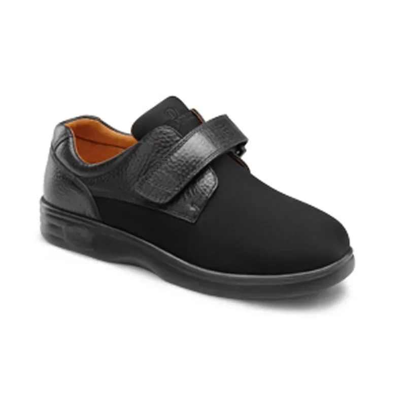 The Dr. Comfort Annie in black, three-quarter view showing the hook-and-loop strap