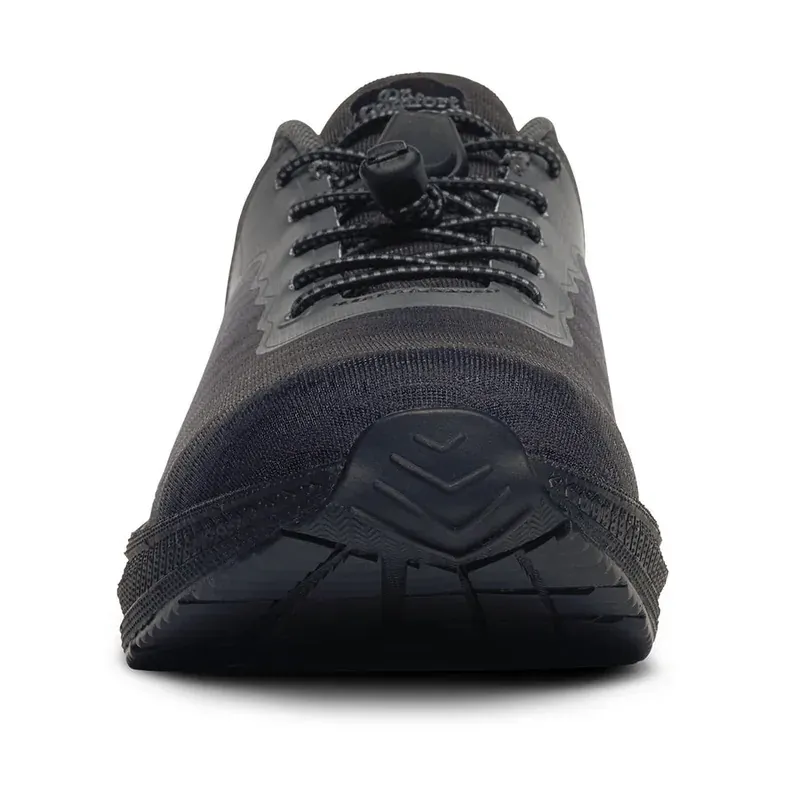 The Dr. Comfort Don in navy blue and black, front view showing the wide toe box