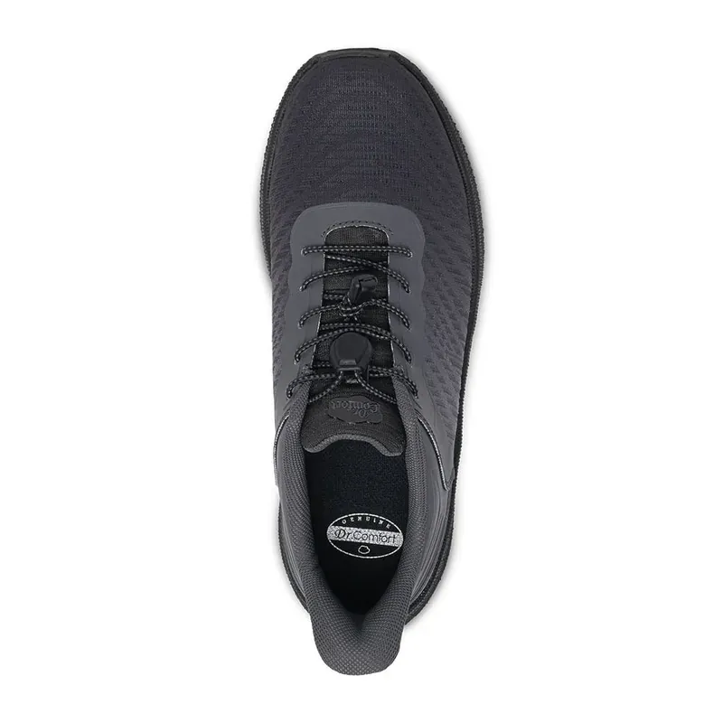 The Dr. Comfort Don in navy blue and black from above, showing the elastic quick-tie lace