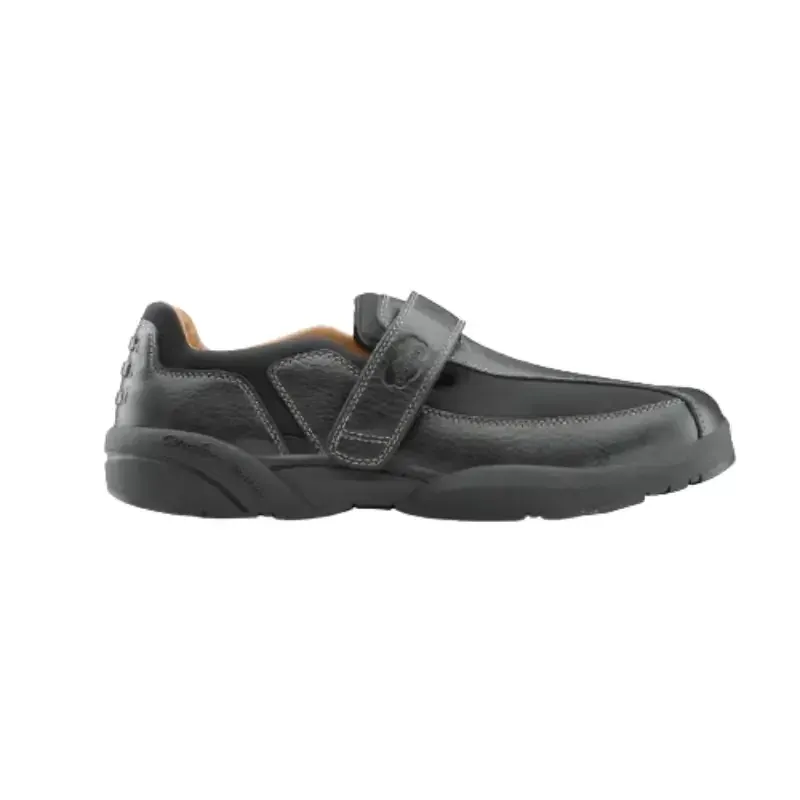 The Dr. Comfort Douglas in black, side profile showing the strap and the depth of the shoe