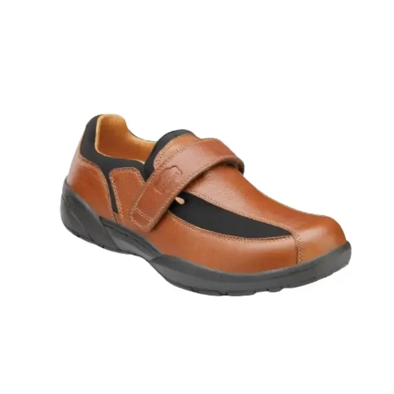 The Dr. Comfort Douglas in chestnut, three-quarter view showing the hook-and-loop strap