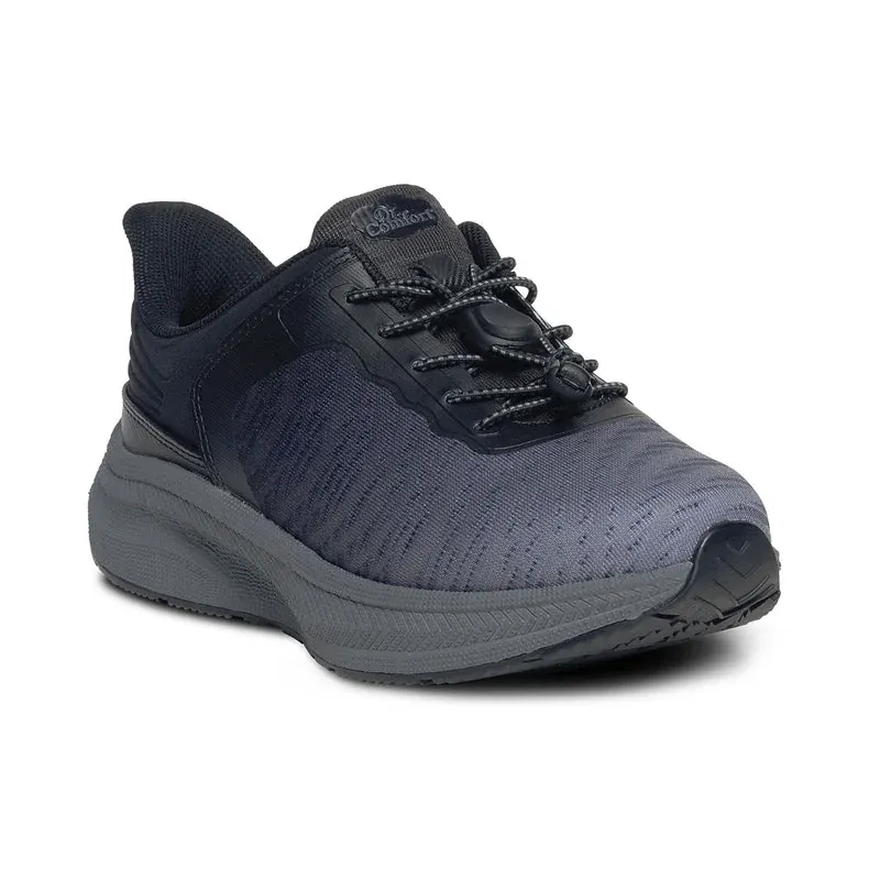 The Dr. Comfort Joy in navy blue and black, three-quarter view