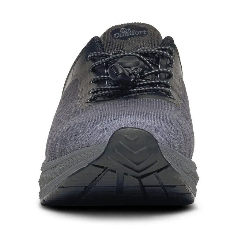 The Dr. Comfort Joy in navy blue and black, front view showing the wide toe box