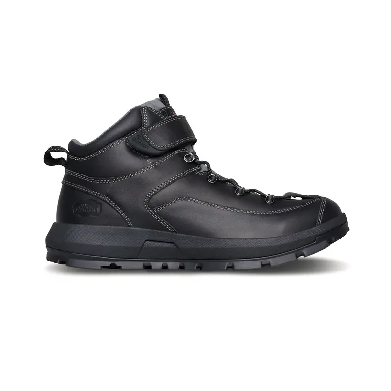 The Dr. Comfort Yukon in black, outside profile showing the height of the ankle and the lugged sole