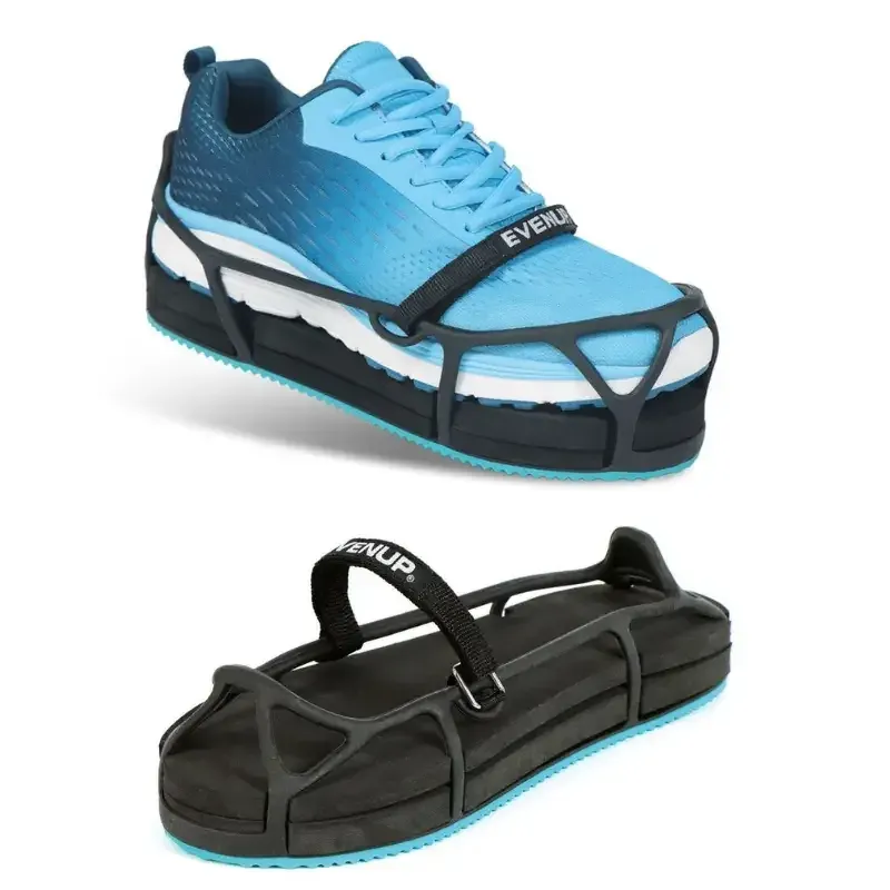 The EvenUp shoe lift strapped over a trainer, and the lift on its own