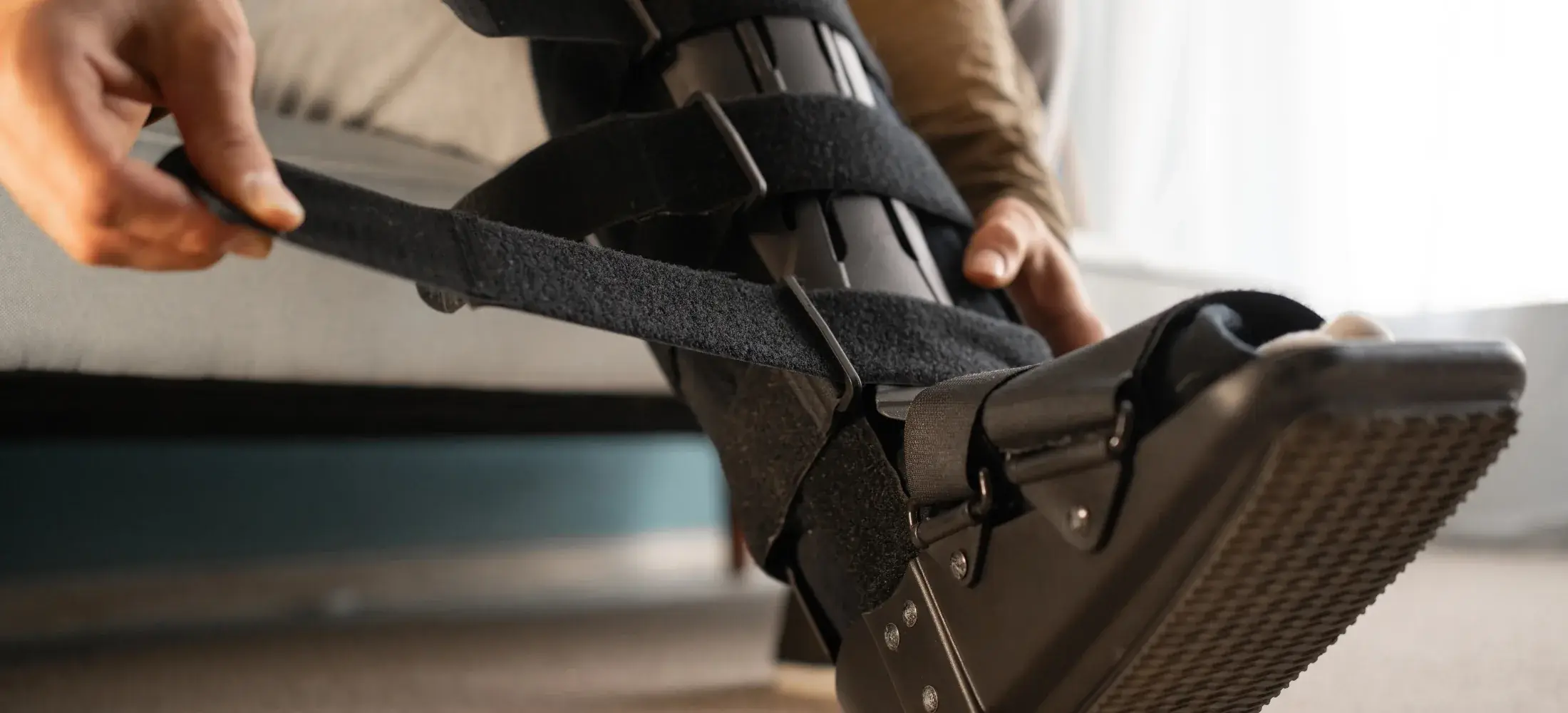 Hands fastening the straps of a CAM walker boot on a person's lower leg