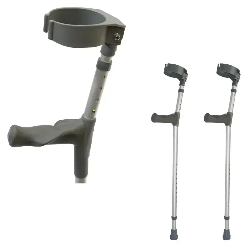 A pair of forearm crutches with moulded hand grips