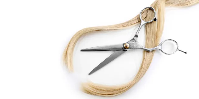 A lock of hair and a pair of stainless steel scissors, the sample you cut at home and post in