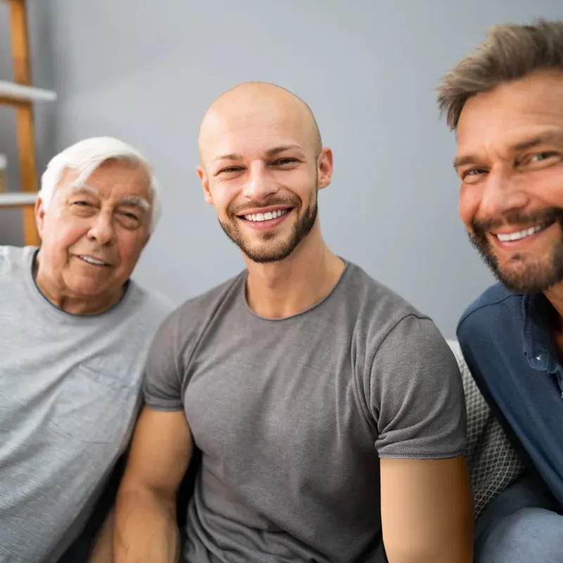 Three men of different ages sitting together and smiling