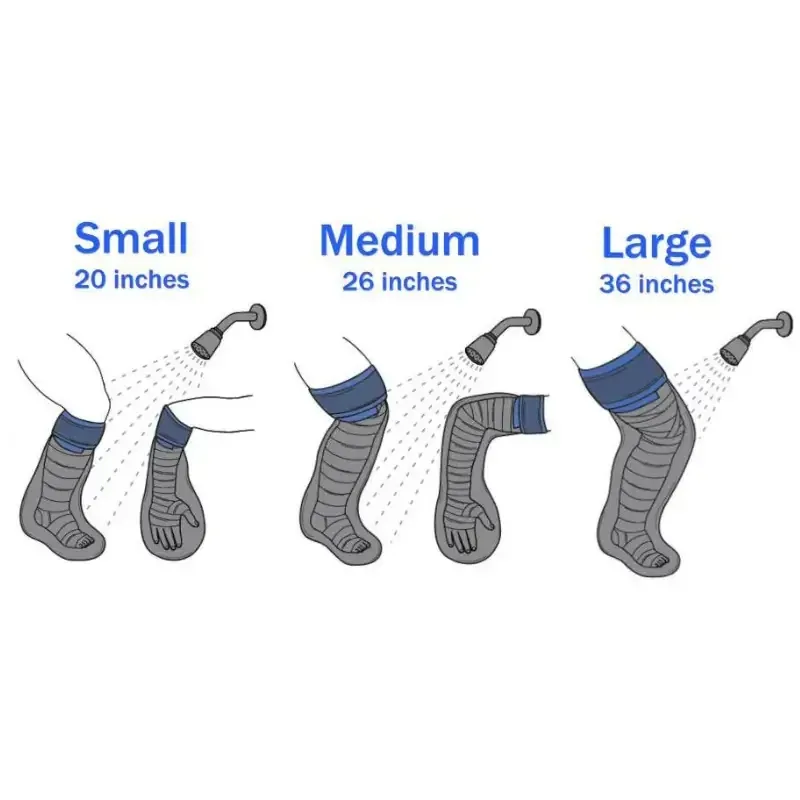 Size chart comparing the small, medium and large sleeves against an arm and a leg