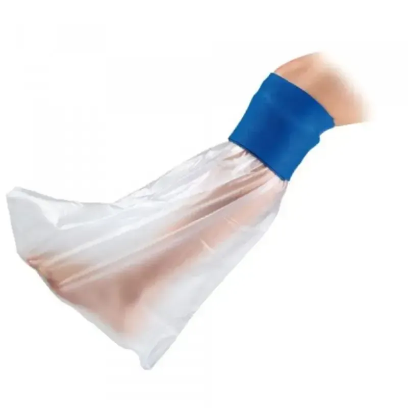 A waterproof limb protector with a blue seal, worn for showering over a cast