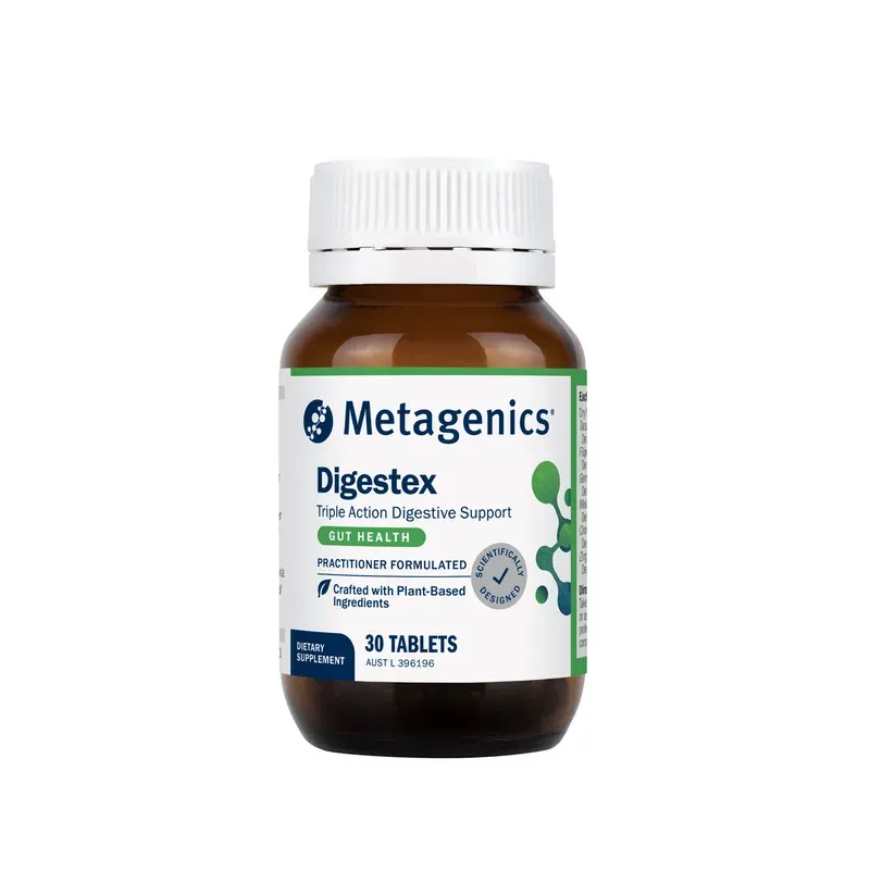 An amber bottle of Metagenics Digestex with a white lid, labelled 30 tablets
