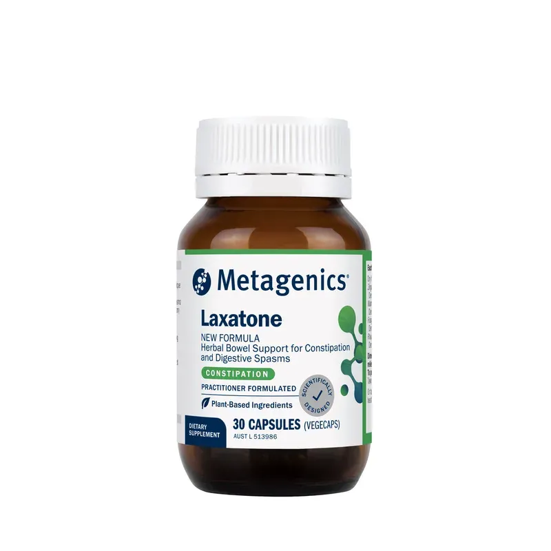 An amber bottle of Metagenics Laxatone with a white lid, labelled 30 capsules