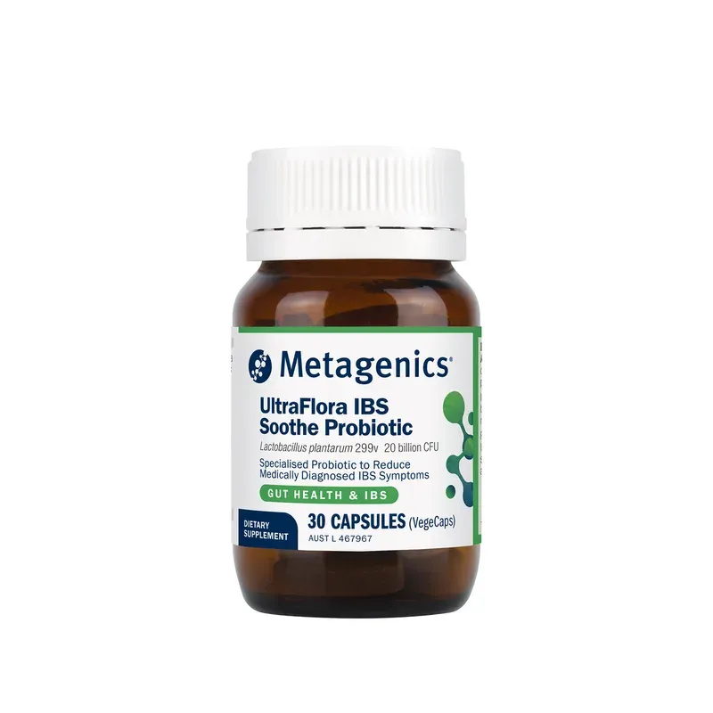 An amber bottle of Metagenics UltraFlora IBS Soothe Probiotic with a white lid, labelled 30 capsules