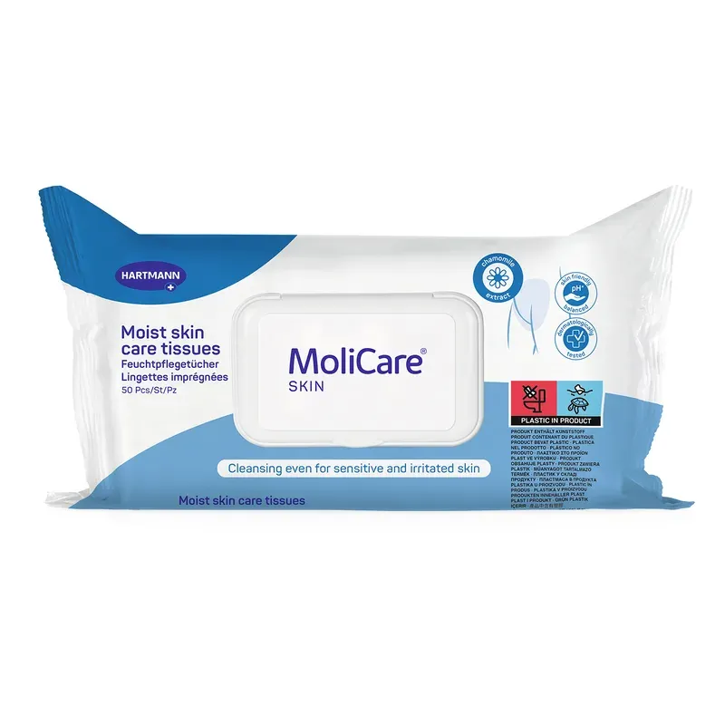 A 50 pack of MoliCare Skin moist skin care tissues with a resealable lid