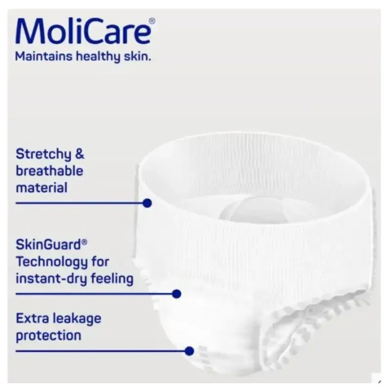 Labelled diagram of the pant: breathable stretch material, the SkinGuard dry layer, and the raised leg cuffs