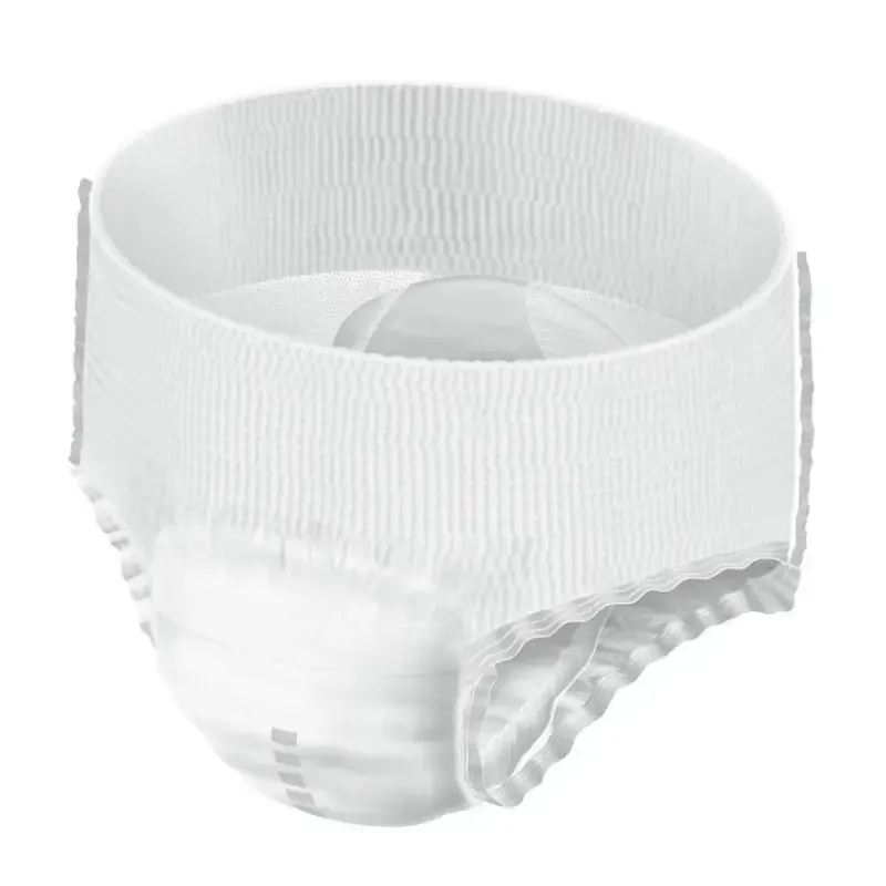 A single pull-up pant out of the pack, showing the elasticated waist and the shaped absorbent core