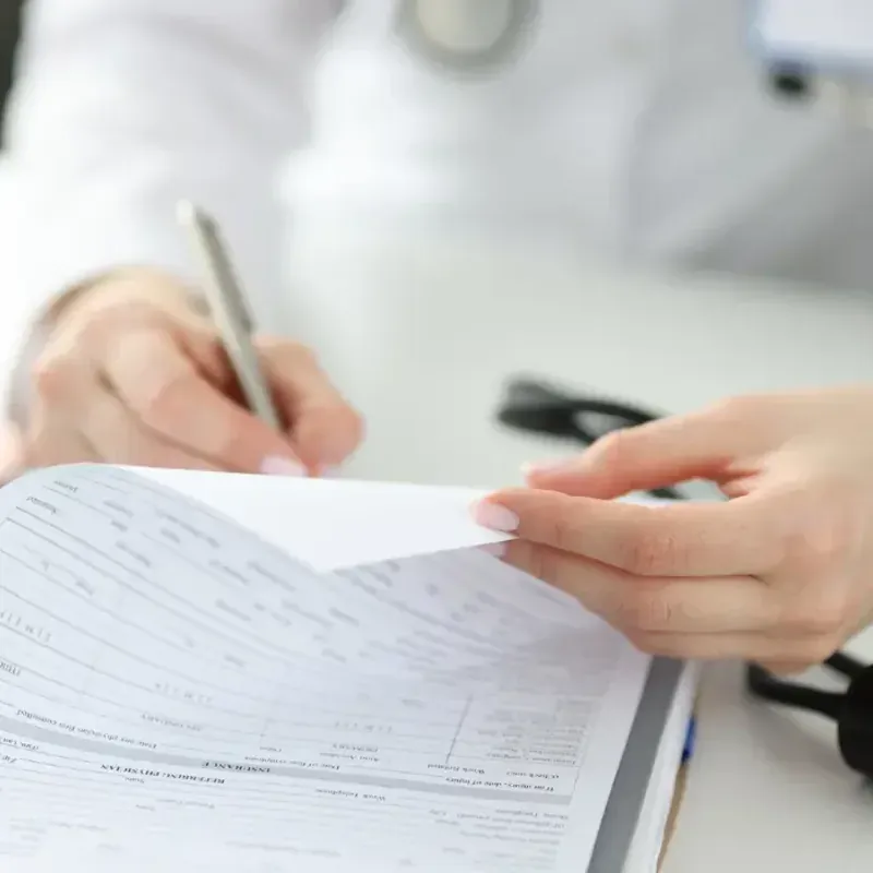 A naturopath writing notes on a case history form