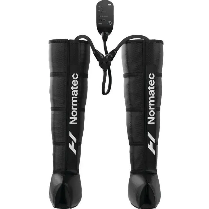 The two Normatec 3 leg attachments standing upright with the control unit between them