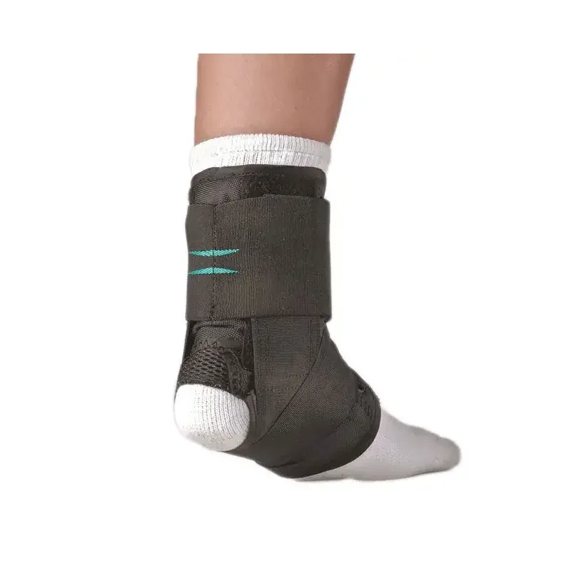 The same brace from the inside of the ankle, showing how the figure 8 straps cross under the arch