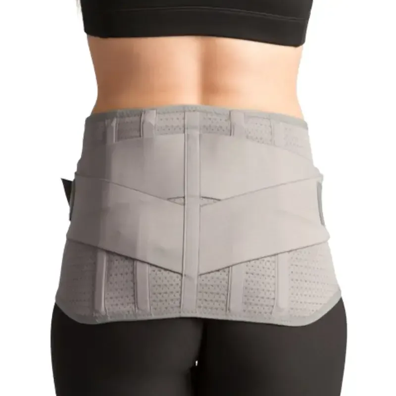 The belt from behind, showing the wider panel that sits over the lower back and the tension straps