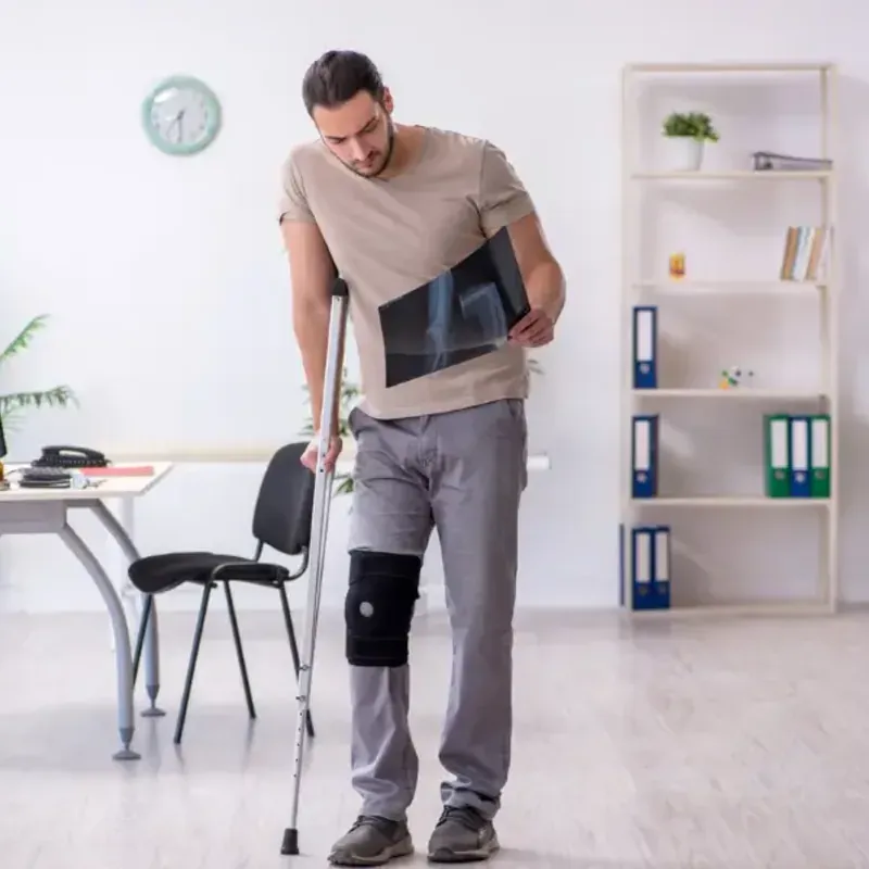 A patient in a knee brace walking with forearm crutches at a review appointment