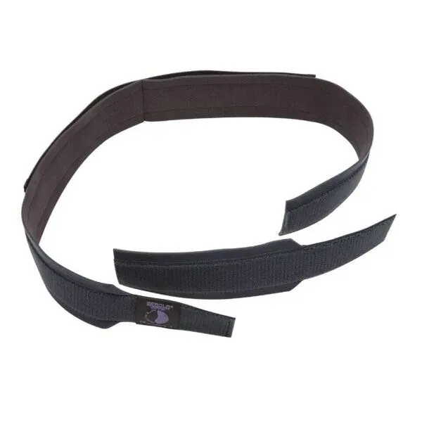 A black Serola belt extender strap lying in an open loop