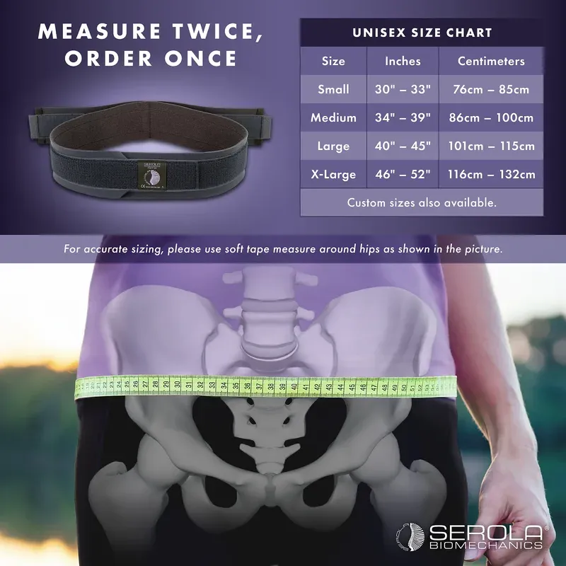Serola's measuring card: a tape run around the widest part of the hips, over the pelvis rather than the waist, with the size chart beside it