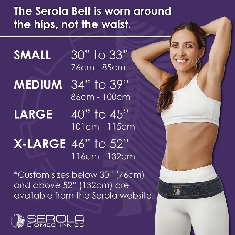 Serola's size chart — Small 76 to 85cm, Medium 86 to 100cm, Large 101 to 115cm, X-Large 116 to 132cm — with the belt worn low on the hips