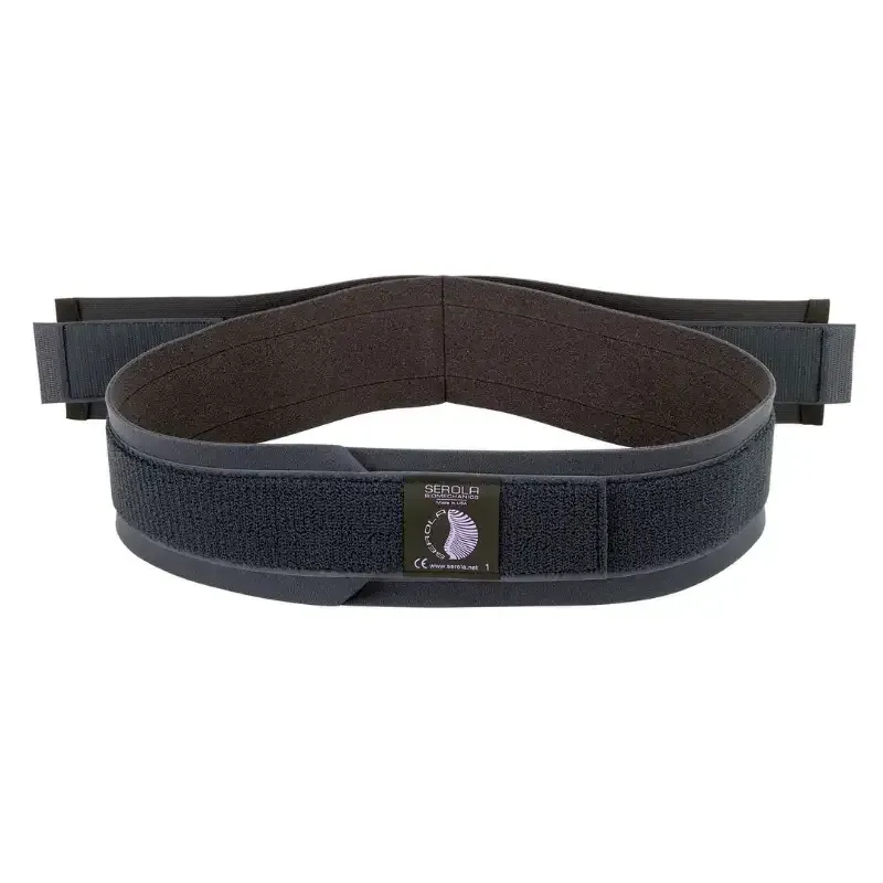 The Serola sacroiliac belt on its own, showing the buckle and the pull tabs