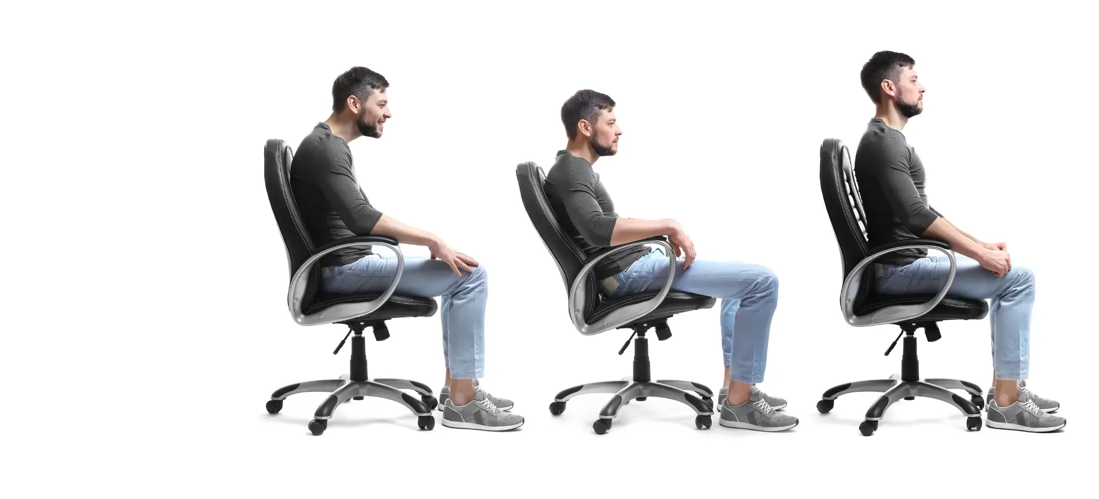 Three side-by-side views of the same man sitting in an office chair, slumped, upright and over-arched