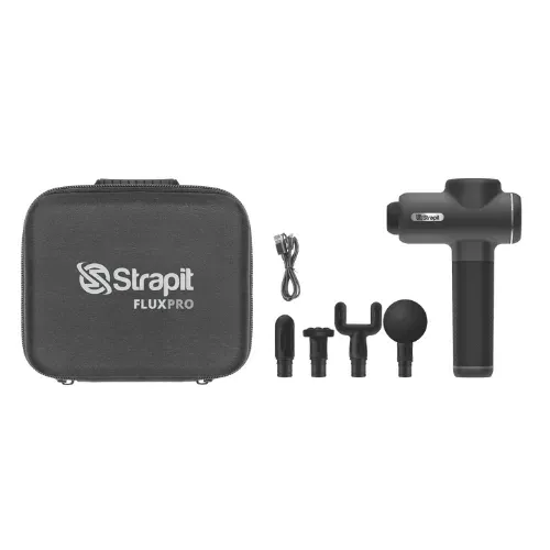 Everything that comes with it laid out: the carry case, a charging cable, four interchangeable heads and the gun