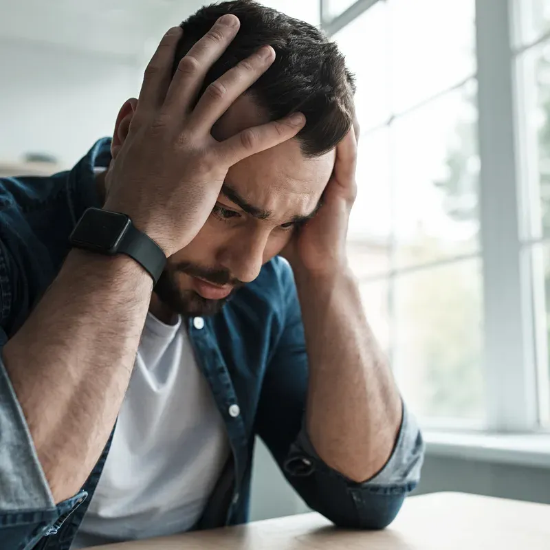 A man sitting at a table holding his head in both hands