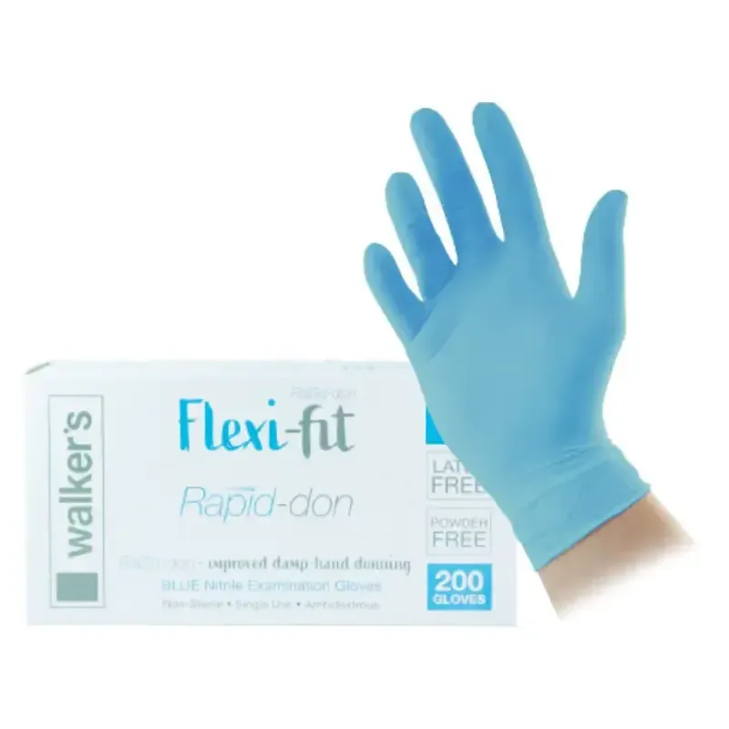 A box of Walker's Flexi-Fit blue nitrile gloves beside a gloved hand