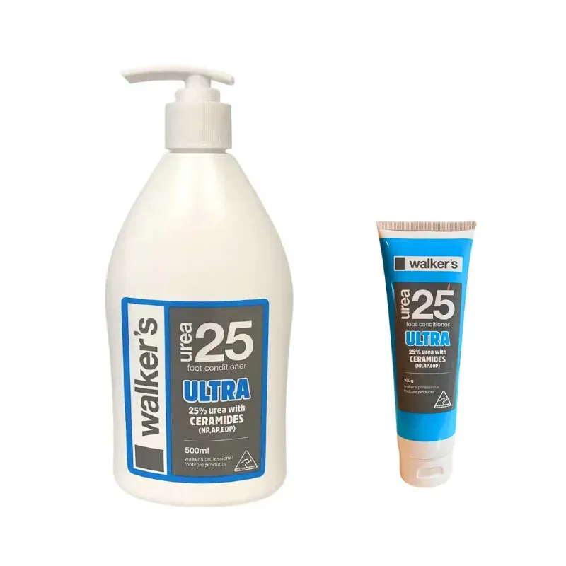 Walker's Urea 25 heel conditioner in 500ml and 100g sizes