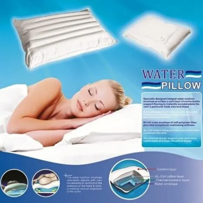 A woman sleeping on a water pillow, with a diagram of its adjustable water chamber