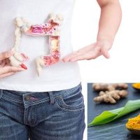 Person holding a model of the human digestive system, representing colonic irrigation with Turmeric Infusions