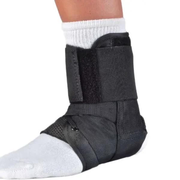 A close-up of OAPL Figure 8 ankle brace on a human leg, designed to provide stability and support.