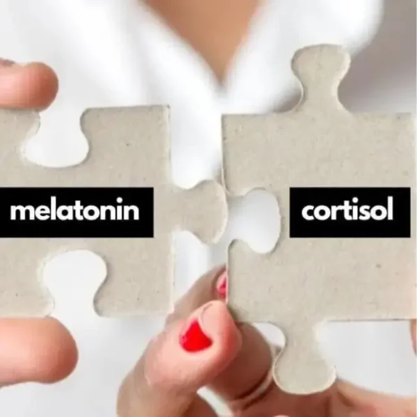 Two puzzle pieces being held together, one labeled "melatonin" and the other labeled "cortisol," symbolising testing stress and sleep hormones.